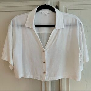 White Short Sleeve Button-Down Crop Shirt Gold Buttons